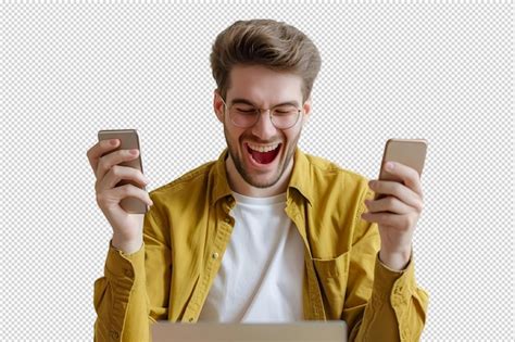 Premium PSD | Happy casual man sending a text message