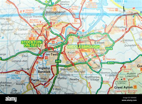 Road Map Of Stockton On Tees And Middlesbrough England Stock Photo Alamy