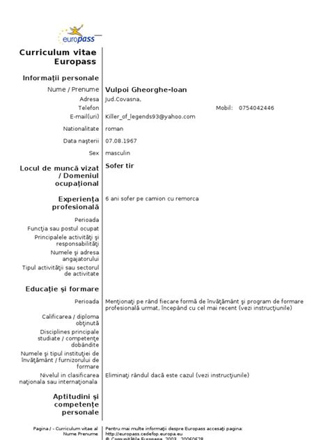 Model Cv Curriculum Vitae European Romana