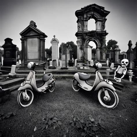 Skeletons Riding Vespas In A Old Cemetery