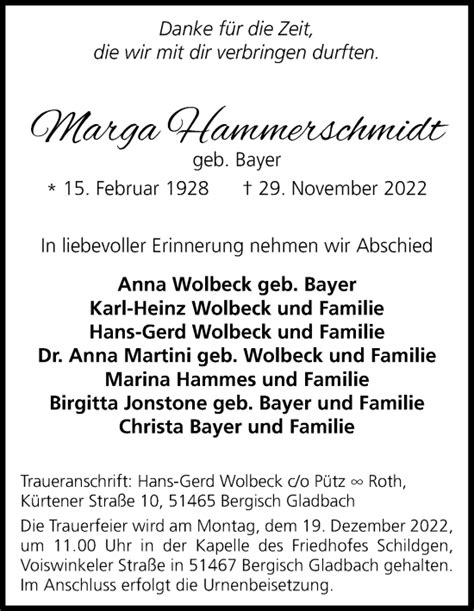 Traueranzeigen Von Marga Hammerschmidt WirTrauern