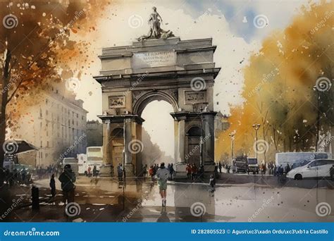 Painting of a Watercolor Drawing of the Puerta De Alcala in Madrid ...