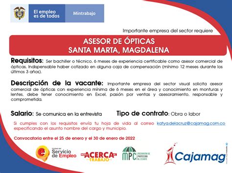 CONVOCATORIA CENTRO DE EMPLEO ASESOR DE ÓPTICAS SANTA MARTA