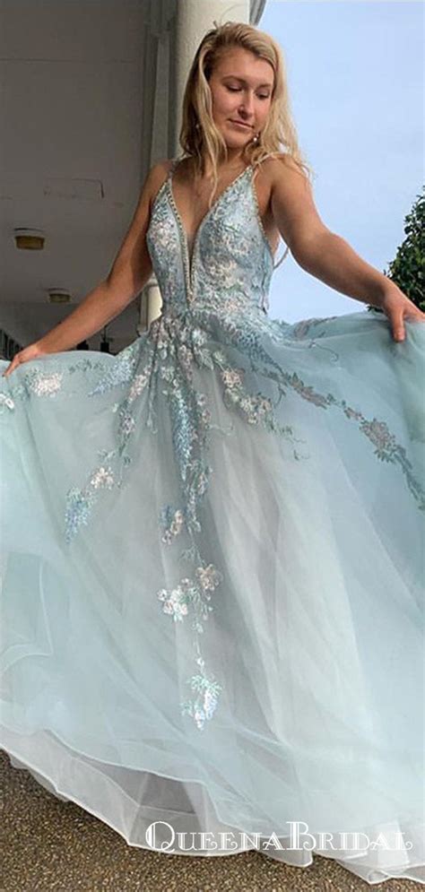 A Line Spaghetti Straps Light Blue Prom Dresses With Beading Appliques