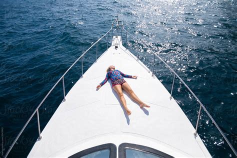 Woman Enjoying On Boat Sunbathing Stock Image Everypixel