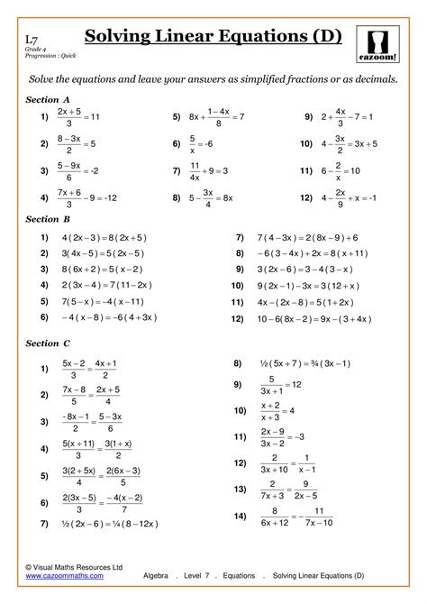 Grade 5 Algebra Equations