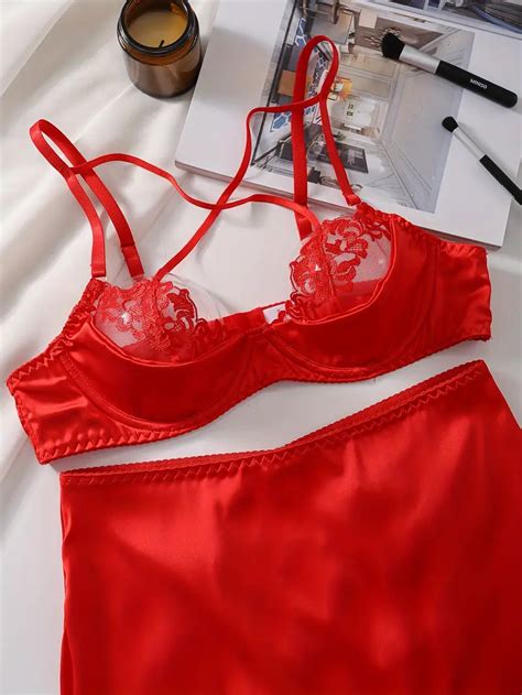 Hot Solid Red Floral Lace Lingerie Set Semi Sheer Crisscross Temu