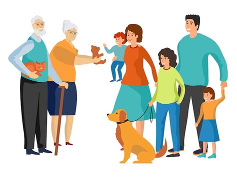 Gran familia padre y madre abuela y abuelo niños y mascotas