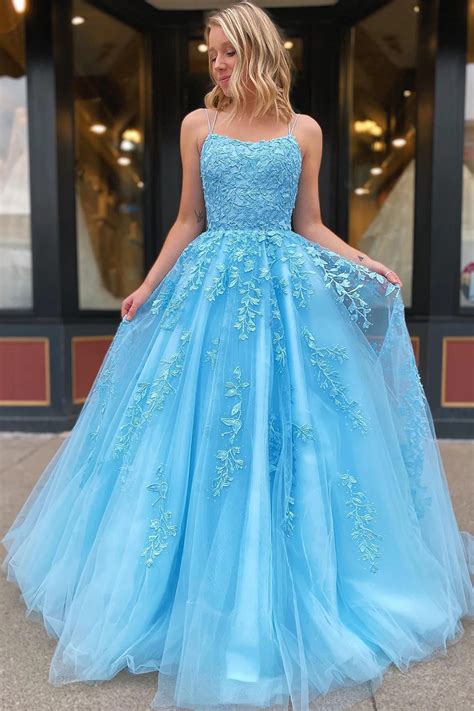 2023 Light Blue Prom Dress Long Lace Formal Dress Spaghetti Straps