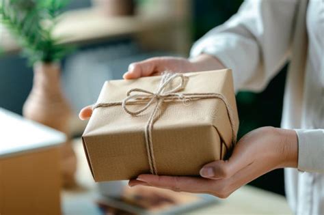 Close Up Of A Hand Giving A Gift Box Giving And Receiving At Office