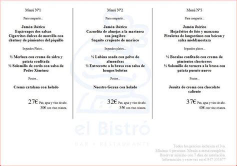 Carta del restaurante El Bistró Miranda del Ebro Pol las Californias