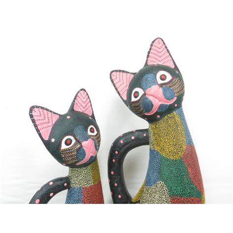 Vintage Large Balinese Hand Carved And Hand Painted Wooden Cat