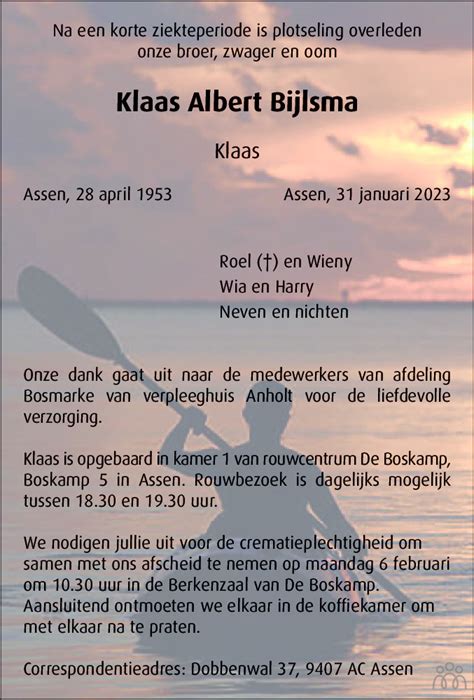 Klaas Albert Bijlsma 31 01 2023 Overlijdensbericht En Condoleances