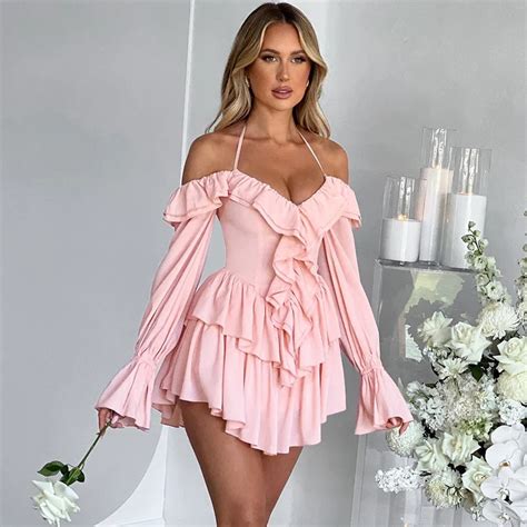 Lygens Halter Cold Shoulder Ruffles Pleated Corset Women S Dresses