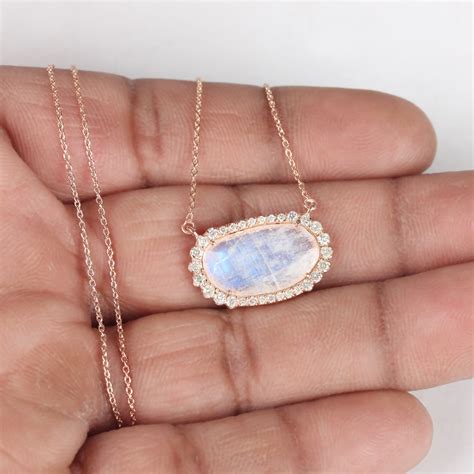 Natural 23 Ct Blue Moonstone Pendant Diamond Necklace Solid Etsy