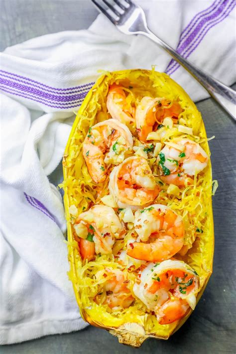 Low Carb Spaghetti Squash Shrimp Scampi Boats