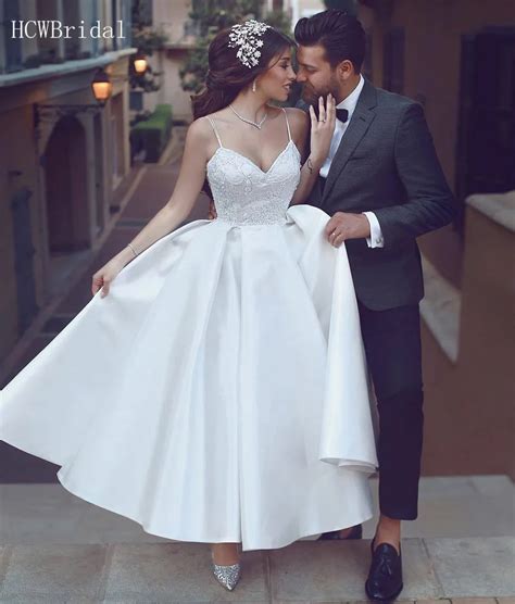 2019 Short Wedding Dresses Backless Spaghetti Strap A Line Ankle Length