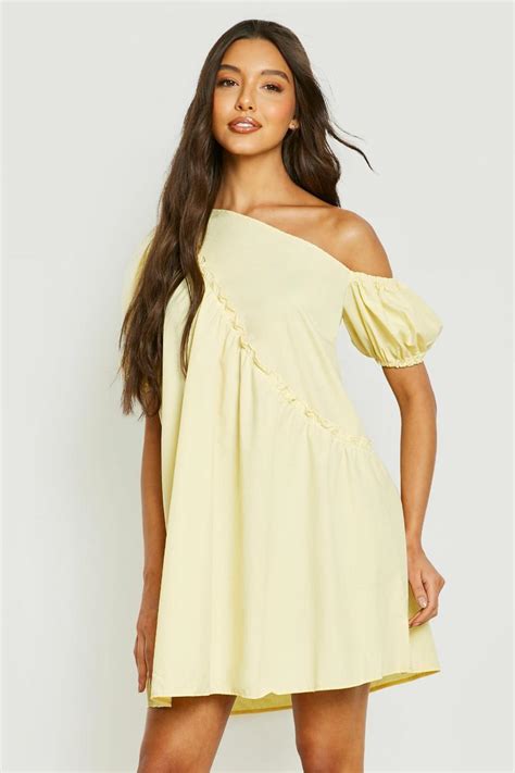 One Shoulder Puff Sleeve Poplin Smock Boohoo