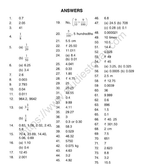 Cbse Class 5 Mental Maths Decimals Worksheet