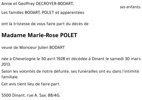 Avis De Décès De Marie Rose Polet Décédé Le 30032013 à Dinant