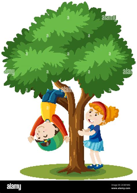 Two Kids Are Climbing The Tree Cartoon Style Isolated On White