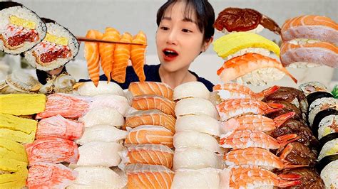 모둠초밥 먹방🍣 살살 녹아요 연어 광어 초새우 간장새우 후토마키 계란 게살 소라 Sushi Mukbang Asmr Youtube