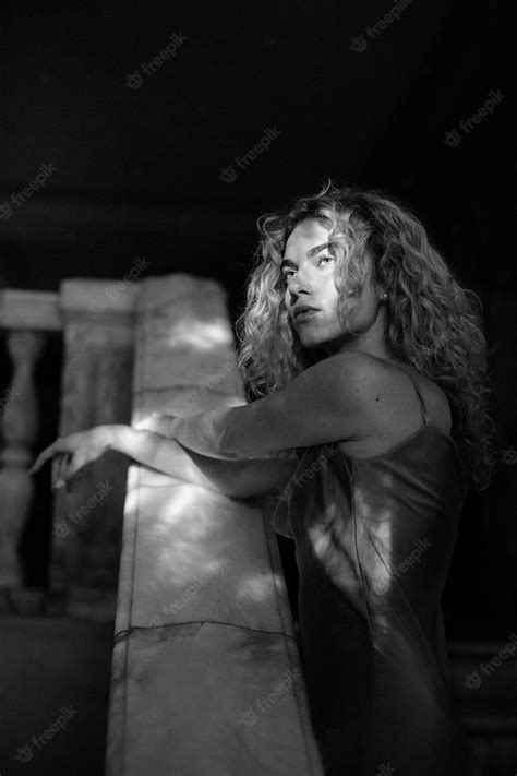 Free Photo Black And White Portrait Of Beautiful Woman Posing Indoors In A Dress