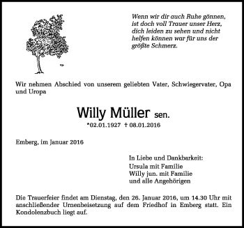 Traueranzeigen von Willy Müller Schwarzwälder Bote Trauer