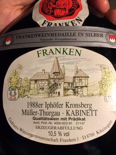 Gwf Frankenwein Iph Fer Kronsberg M Ller Thurgau Kabinett Vivino Us