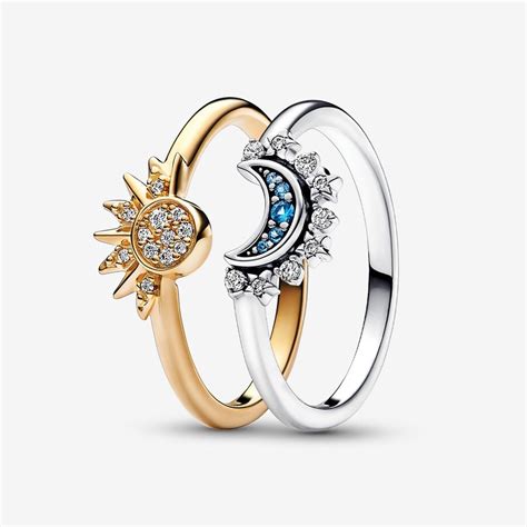 Celestial Sparkling Sun And Moon Ring Set Two Tone Pandora Nz