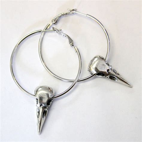 Silver Raven Skull Hoop Earrings In Solid White Bronze With Etsy