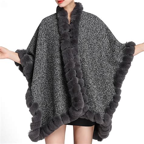 Xflwam Women Ponchos Faux Fur Oversize Cape Open Front Thicken Knitted