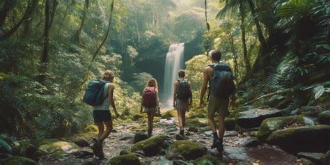 Grupo De Turistas Aventureros Rodeados Por La Exuberante Jungla Y Una