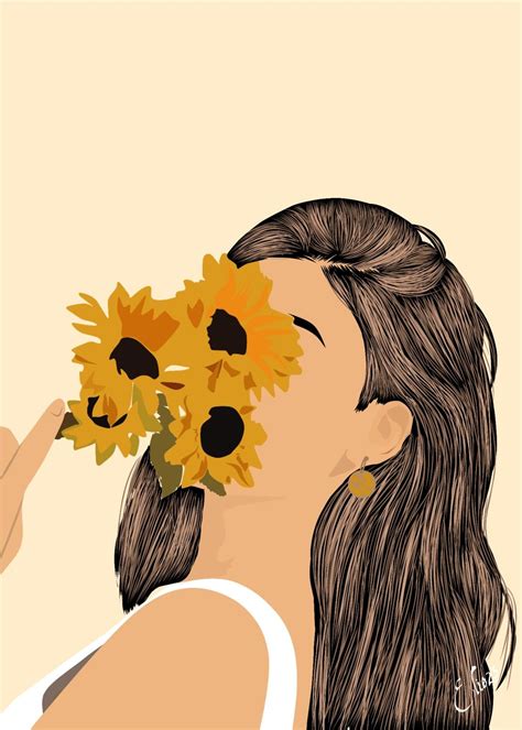 A Woman With Sunflowers In Her Hair Looking At The Sky And Holding It