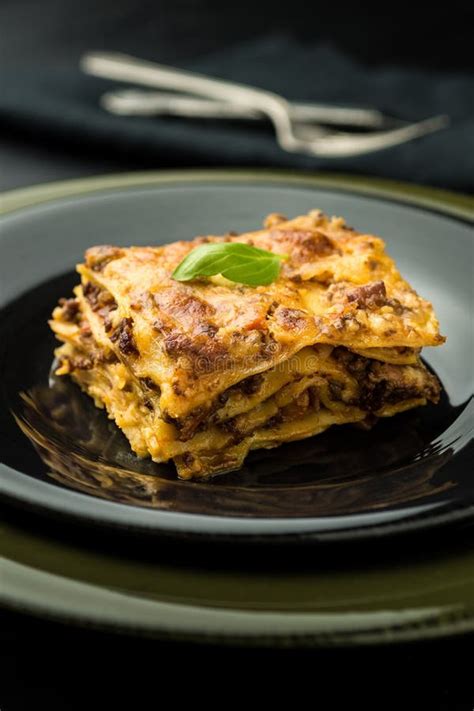 Lasagna with Minced Beef, Bolognese Sauce and Basil on Dark Plate Stock ...