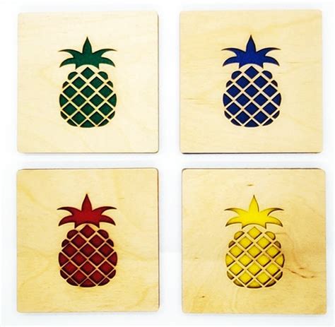 4 Pineapple Coasters Wooden Laser Cut Natural Eco Friendly Waterproof