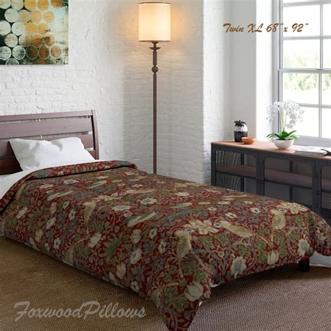 Crimson Strawberry Thief Extra Long Twin Comforter William Morris Bedspread Maximalist Décor