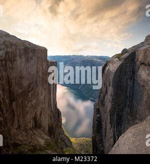 Aerial View Of Lysefjorden From Kjeragbolten With Waterfall On The