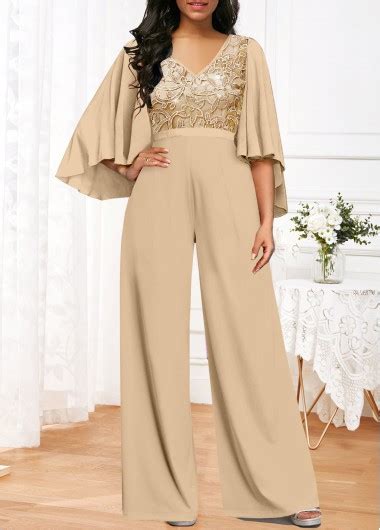 ROTITA Embroidery Long V Neck 3 4 Sleeve Champagne Jumpsuit Rotita