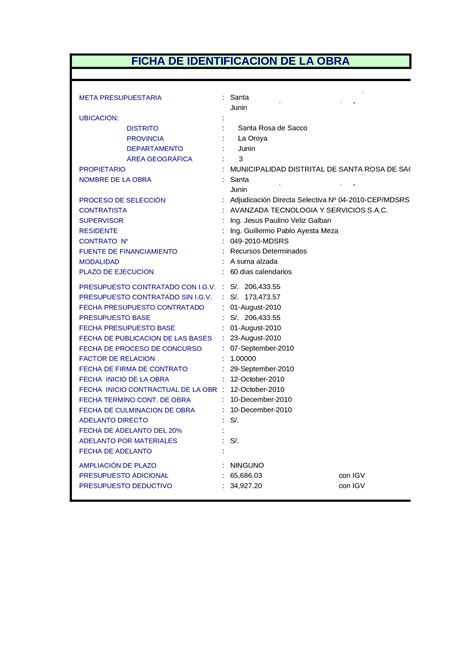 Xls Ficha De Identificacion De La Obra Dokumen Tips