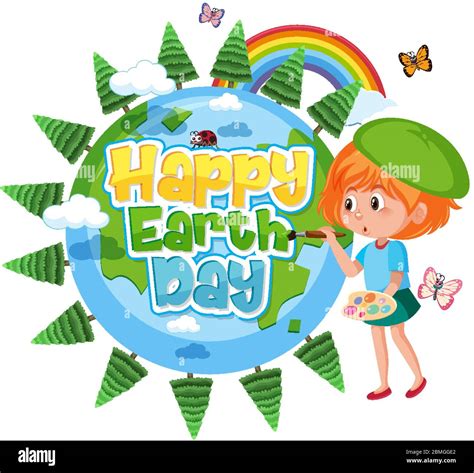 Poster Design For Happy Earth Day With Happy Girl Painting Illustration