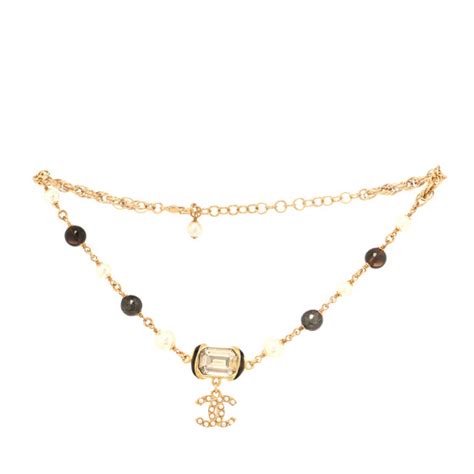 Chanel Graduated Pearl Crystal Cc Short Necklace Gold Black Grey