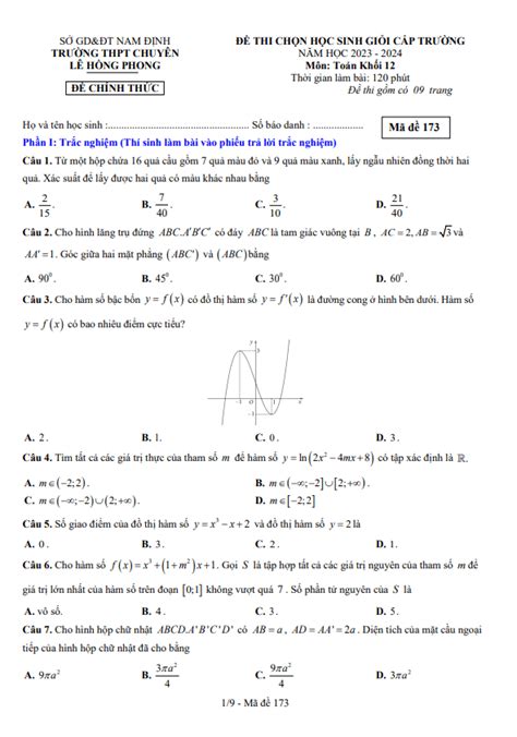 De Hoc Sinh Gioi Toan 12 Nam 2023 2024 Truong Chuyen Le Hong Phong Nam