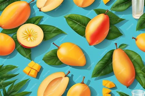 Premium Photo Vector Background With Mango A Glass Of Juice Slices Of Mango