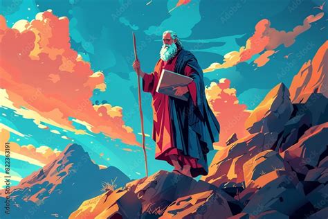 Witness A Vibrant Cartoon Representation As Moses Descends From Mount