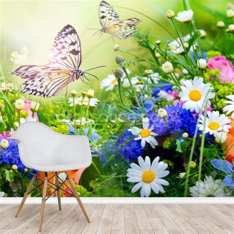 Butterflies And Flowers Wallpaper Mural Wallsauce Us