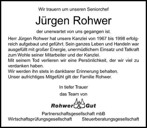 Traueranzeigen Von J Rgen Rohwer Trauer Anzeigen De