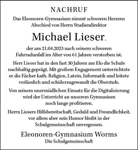 Traueranzeigen Von Michael Lieser Vrm Trauer De