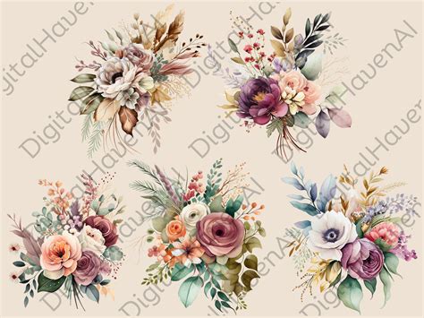 Watercolor Clipart Boho Flowers Clip Art Bundle For Wedding Invitation