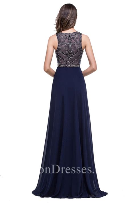 Gorgeous Sheath Scoop Neck Long Navy Blue Chiffon Beaded Prom Dress